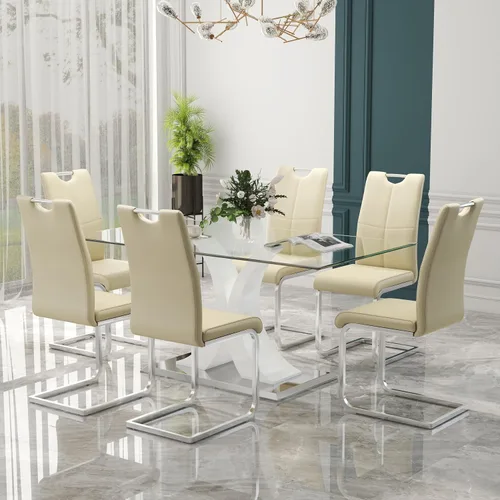 Miniatura 8 de Juego de comedor moderno de vidrio de lujo de 5 piezas, juego de cena rectangular minimalista grande para 4, juego de mesa de cocina de vidrio