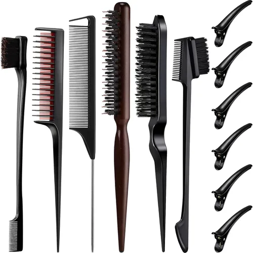 Cunhill Juego de 12 cepillos de pelo negro, cepillo de borde de pelo, peine de cola de rata, cerdas de jabalí de nailon de doble cara, peine de 3