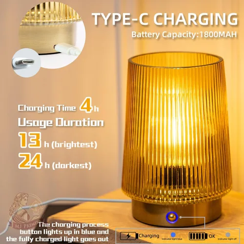 Miniatura 5 de MJ PREMIER Lámparas Inalámbricas Recargables de Vidrio, Lámpara de Mesa Portátil con Brillo Regulable, Táctil, Funciona con Batería, Lámpara Táctil