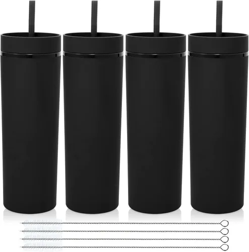Volhoply Paquete de 4 vasos delgados de plástico de 20 onzas, vaso de doble pared con tapa y pajilla, taza de café helado de viaje, reutilizable,