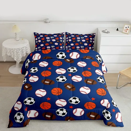Miniatura 4 de Homewish Juego de edredón de juegos deportivos de pelota, tamaño twin, juego de ropa de cama de béisbol y baloncesto, 2 piezas para niños