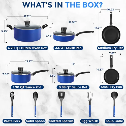 Miniatura 3 de SereneLife Juego de utensilios de cocina antiadherentes azules de 15 piezas, resistentes al calor, con tapas, apto para lavavajillas, incluye