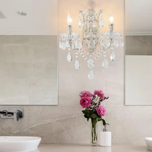 Miniatura 4 de YLONG-ZS Aplique de pared de cristal de campo francés, 2 luces envejecidas estilo vela de oro blanco con cristales de lágrima, decoración
