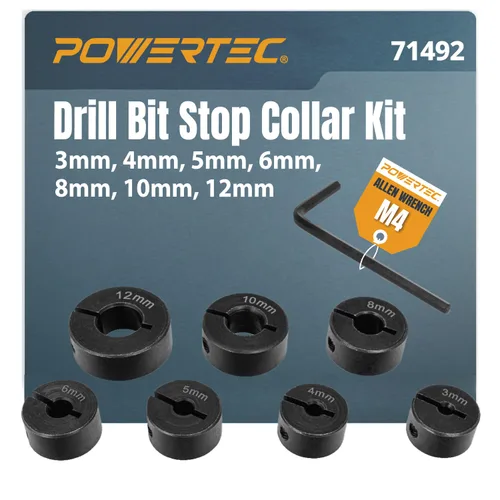 Miniatura 15 de POWERTEC Juego de collar de tope de broca, juego de 7 piezas de tapón de profundidad de broca ajustable con llave Allen, tope de brocas con marcas