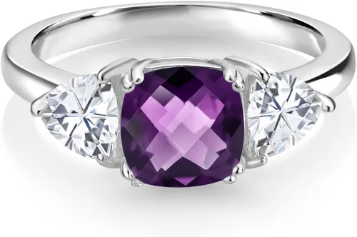 Miniatura 41 de 925 Sterling Silver Gemstone Birthstone and White Moissanite 3-Stone Engagement Ring for Women 7MM Cushion and 5MM Trillion Accents Three Stone