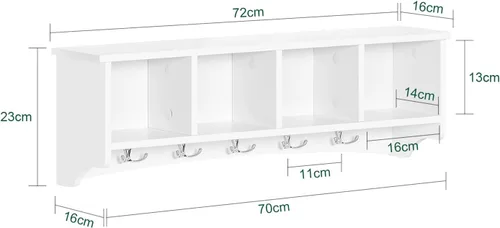 Miniatura 3 de Haotian - Estantería de pared blanca con ganchos para abrigos, perchero de pared para entrada, unidad de almacenamiento con 4 compartimentos y 5