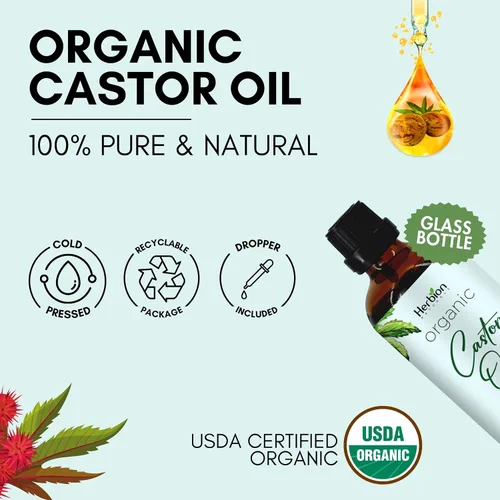 Miniatura 2 de Herbion Naturals Aceite de ricino orgánico certificado por USDA, 100% puro, prensado en frío, sin hexano. Hidratante y tratamiento capilar. Botella