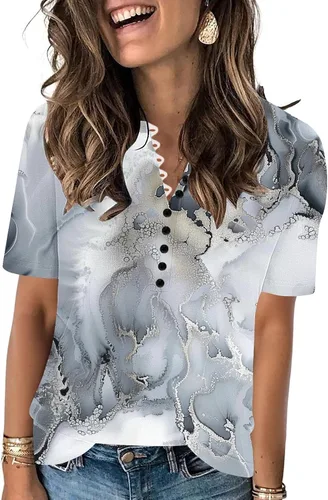 Miniatura 26 de Summer Shirts for Women 2025 Plus Size Short Sleeve Henley Tops Marble Floral Loose Tshirt Tee Casual Dressy Tunics