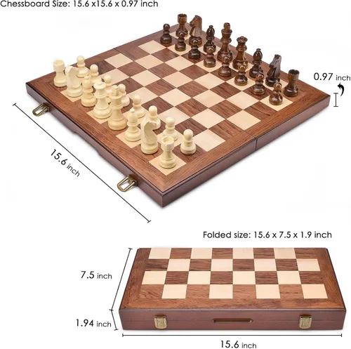 Miniatura 6 de AMEROUS Juego de ajedrez y damas de madera con piezas de ajedrez ponderadas mejoradas, juegos de mesa de ajedrez de 15 pulgadas (2 en 1) para niños