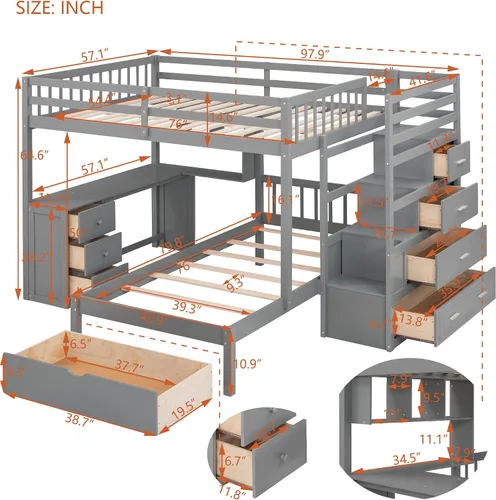 Miniatura 2 de RUNNA Litera matrimonial sobre individual con escritorio, cajones y escaleras, litera de madera maciza para niños, niñas, adolescentes y adultos