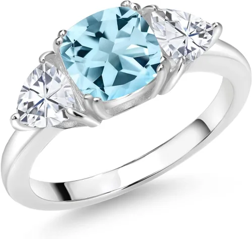 Miniatura 25 de 925 Sterling Silver Gemstone Birthstone and White Moissanite 3-Stone Engagement Ring for Women 7MM Cushion and 5MM Trillion Accents Three Stone