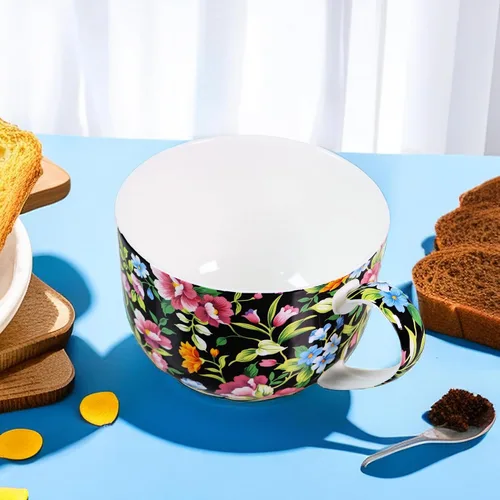 Miniatura 5 de Tazones de sopa de 25 onzas con asas, taza de sopa de porcelana y hueso con asas, taza de sopa de flora grande para café, cereales, avena con leche