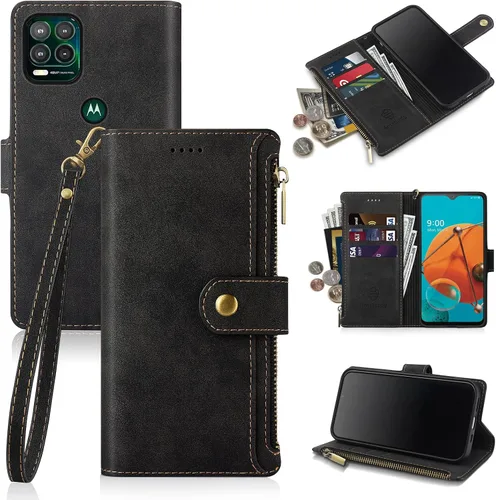 Antsturdy Funda tipo cartera para Motorola Moto G Stylus 5G, funda protectora de piel sintética con correa para la muñeca [bloqueo RFID] [cremallera