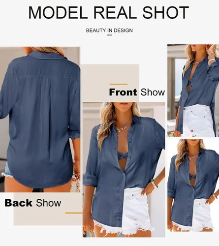 Miniatura 5 de Astylish Blusa casual de manga larga para mujer, cuello en V, elegante, con botones