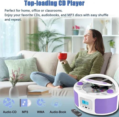 Miniatura 5 de Reproductor de CD Radio Portátil con Bluetooth, Radio FM, Control Remoto, Entrada USB y Conector de Auriculares de 3.5mm AUX, Reproducción