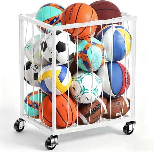 Miniatura 9 de TomCare Estante de almacenamiento rodante para pelotas de garaje, soporte de baloncesto de gran capacidad con cuerda elástica