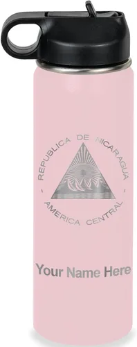 Miniatura 27 de LaserGram Botella de agua personalizada, bandera de Nicaragua, acero inoxidable de doble pared aislada al vacío con popote superior, regalo grabado
