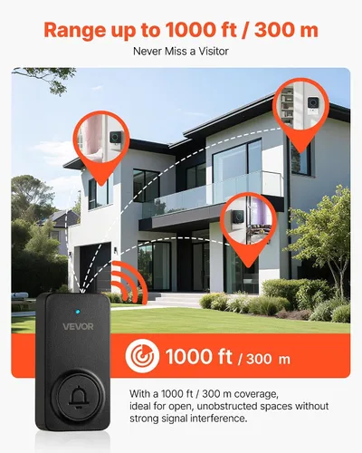 Miniatura 2 de VEVOR Kit de timbre inalámbrico, IP54 resistente al agua con rangos de hasta 1000 pies, 5 volúmenes ajustables, 48 tonos de llamada, fácil