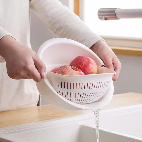 Miniatura 6 de Cesta de drenaje doble Verduras Cesta de frutas giratorio Arroz Lavabo Colador de cocina Colador Colador (blanco)