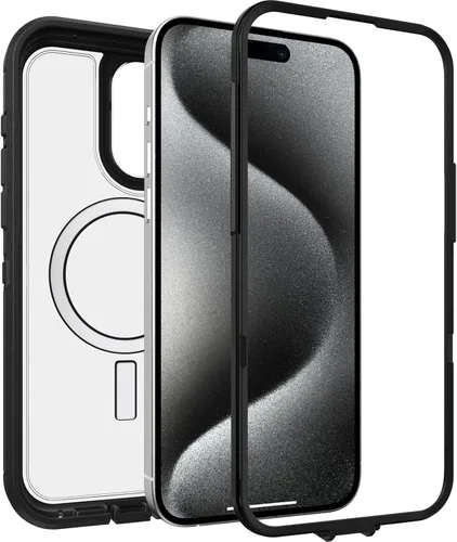 Miniatura 4 de OtterBox Funda transparente para iPhone 15 Pro MAX (solamente) Defender Series XT, lado oscuro (negro/transparente), sin pantalla, resistente, se