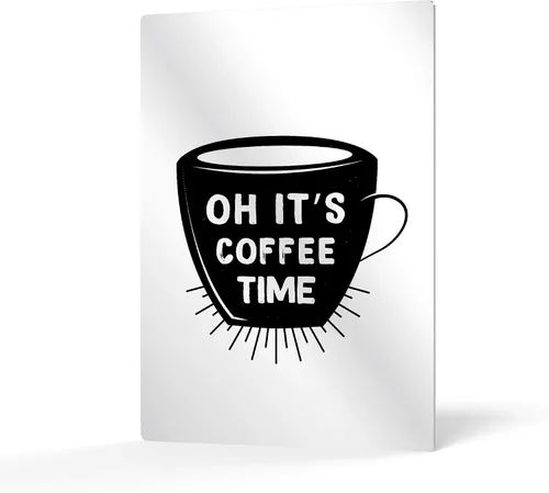 HB Art Design Oh It's Coffee Time - Taza con cita y taza en blanco y negro con impresión de metal, arte de pared de cafetería, decoración de