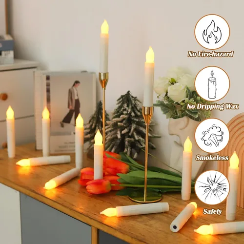 Miniatura 4 de Lezonic - Velas cónicas sin llama operadas por batería, 24 piezas de velas LED blancas para ventanas de Navidad, velas cónicas cortas de 15 cm