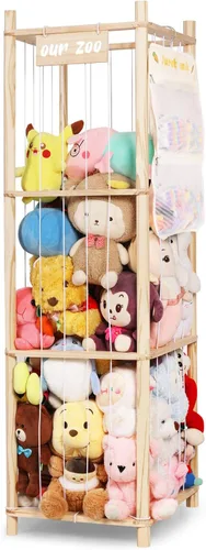 Organizador de almacenamiento de animales de peluche, soporte grande de madera para juguetes de zoológico con bolsillos, peluches, almacenamiento de