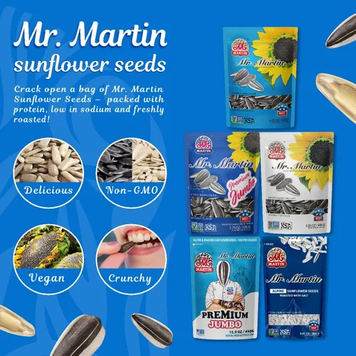 Miniatura 4 de MR. MARTIN Semillas de girasol recién tostadas, jumbo, crujientes, deliciosas, sin OMG, veganas y cetogénicas, aperitivo bajo en sodio, 5.25 onzas