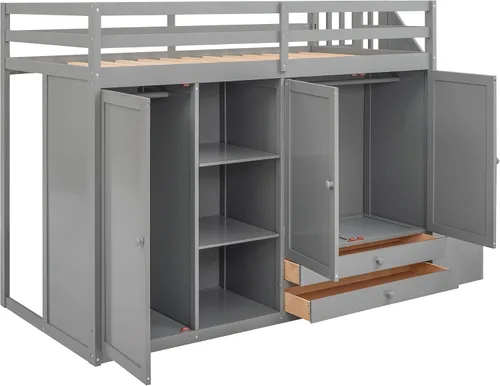 Miniatura 6 de Cama tipo loft gris de tamaño individual con escalera y escritorio en forma de L, cama alta de madera con estantes y cajones de almacenamiento