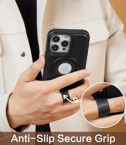 Miniatura 3 de Butaiga - Funda para iPhone 12 Pro Max con correa de cuero, soporte de anillo, color negro Finger Loop, Relieve Smartphone Pinky Strain