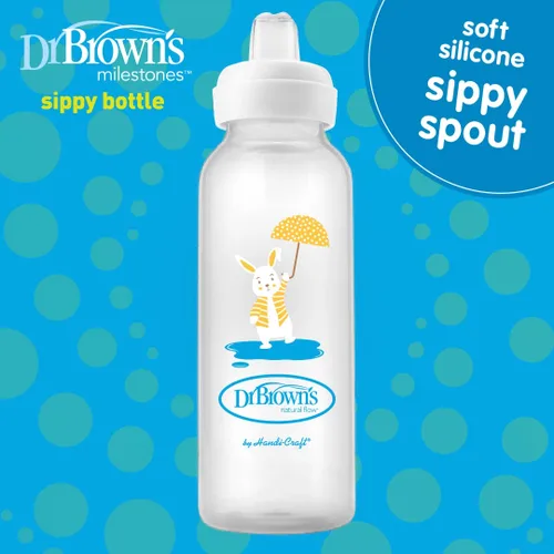 Miniatura 7 de Dr. Brown's Milestones - Botella sipper estrecha, 100% silicona con pico suave, 8 onzas/250mL, diseño de flamenco y conejito, a partir de 6 meses
