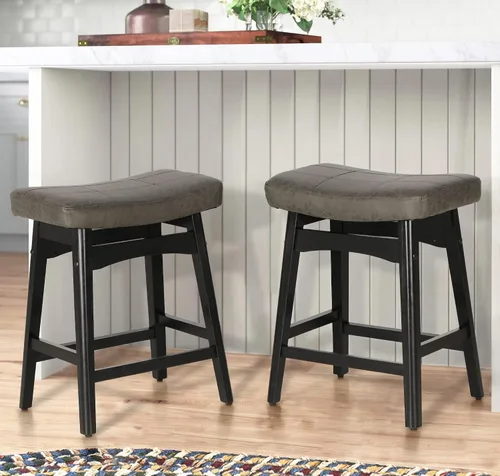 Miniatura 26 de Taburete de bar gris de madera maciza para encimera de cocina, taburete de bar con asiento de cuero sintético, taburete tapizado para isla de 34 a