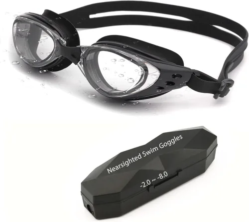 Gafas de natación miopes -2.0D a -8.0D, gafas de natación antiniebla miopes con lente transparente, protección UV sin fugas Negro
