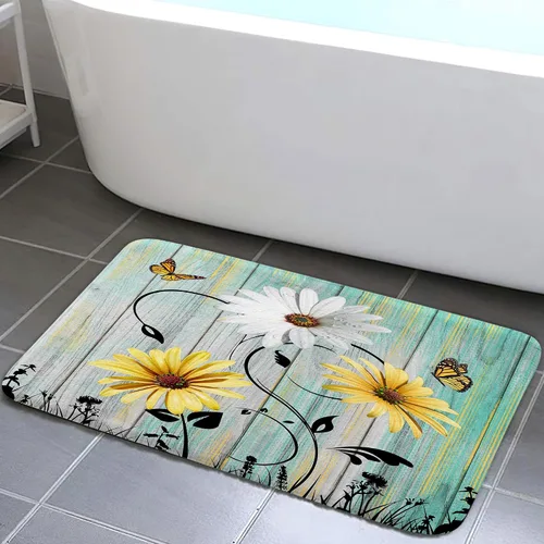 Miniatura 8 de Alfombra de baño rústica blanca floral, flores y mariposas en tabla de madera vieja, antideslizante, juego de alfombras de baño vintage