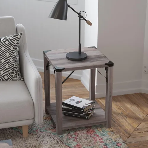 Miniatura 8 de Flash Furniture Wyatt - Mesa auxiliar moderna de 2 niveles, marco de madera de ingeniería gris lavado, soportes laterales entrecruzados de metal