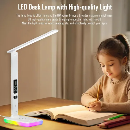 Miniatura 4 de Lámpara de escritorio LED con carga inalámbrica y por cable, luz de mesa plegable, 5 modos de brillo y 3 modos de iluminación, pantalla de tiempo
