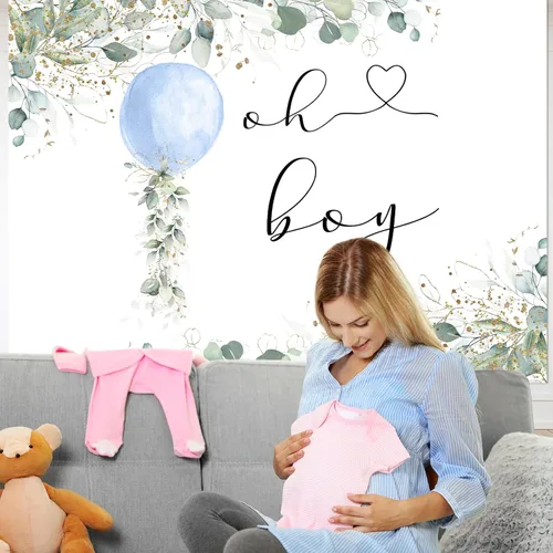 Miniatura 4 de Mocsicka Telón de fondo Oh Boy con globo azul, fondo verde para baby shower, eucalipto botánico, baby shower, fiesta, pastel, decoración de mesa