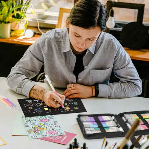 Miniatura 7 de ZSCM Bolígrafos de gel acrílico 3D de 24 colores y cuaderno de bocetos de papel negro para dibujo, bolígrafo de tinta acrílica de punta fina de 0.04