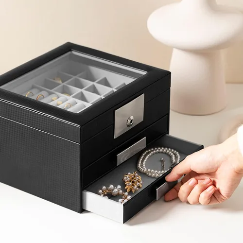 Miniatura 4 de Oyydecor Joyero con tapa de cristal organizador de joyas de piel sintética de 3 niveles con 2 cajones estuche de joyería portátil grande