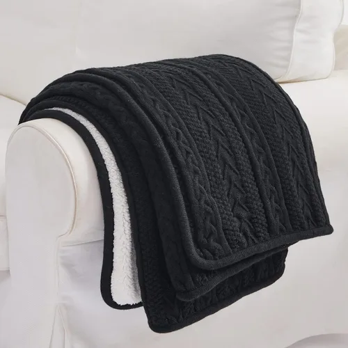 Miniatura 5 de Longhui bedding Manta de punto trenzado acrílico negro de 50 x 63 pulgadas, gruesa, suave, grande, acogedora manta de forro polar de punto