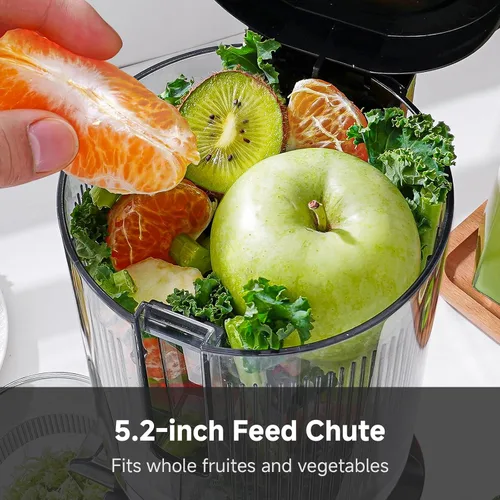 Miniatura 2 de Exprimidor de prensa en frío con autoalimentación extra de 5.2 pulgadas para verduras y frutas enteras, extractor de jugo con barrena grande
