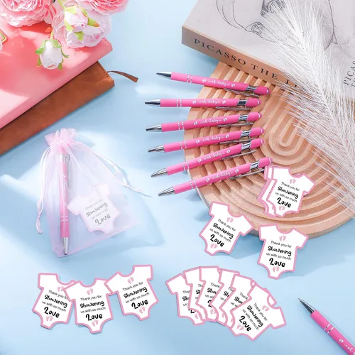 Miniatura 5 de Colarr Juego de 36 recuerdos de baby shower: bolígrafos rosados con tarjetas y bolsas de organza para invitados regalo y fiesta de revelación