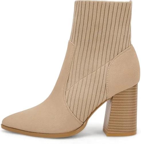 Miniatura 4 de Ermonn Botines de tacón alto con punta puntiaguda para mujer, con cremallera, tacón grueso, tejido elástico, para otoño e invierno
