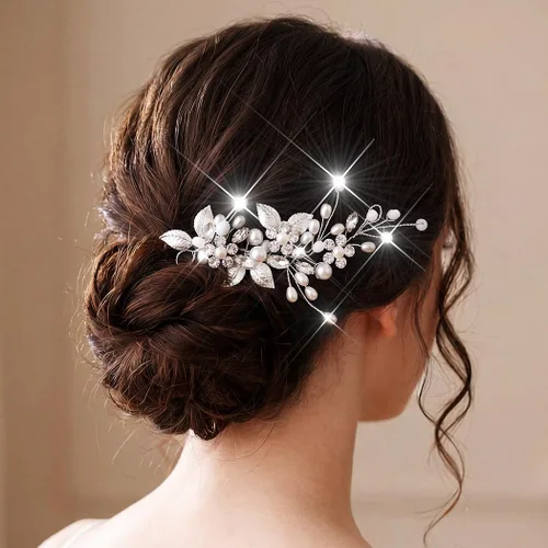 Catery Pearl Bride Wedding Hair Vines Wedding Hair Pieces Wedding Hair Pieces Bridal Hair Accessories for Brides (Plata)