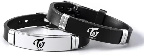 Miniatura 4 de SHOISOWO Paquete de 2 pulseras Kpop TWICE Merch, pulseras de silicona con dije doble para regalos, Sin gemas.