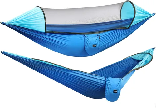 Miniatura 8 de G4Free Hamaca Grande para Acampar con Mosquitero para 2 Personas Pop-up Paracaídas Ligera Hamacas Colgantes Correas para Árboles Cama Columpio