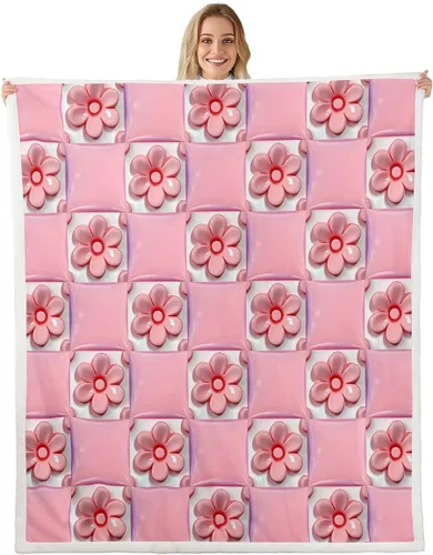 Pink Floral Flannel Blanket,3D Vivid Flower Throw Blanket,Splicing Geometric Girds Fuzzy Blanket for Sofa Bed Living Room Decor,Girls Women Romantic