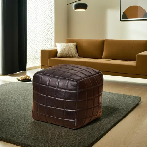 Miniatura 11 de Rugsotic Carpets Puf cuadrado geométrico hecho a mano de cuero de cabra 18"x18"x18" (relleno de algodón reciclado) color negro PF23