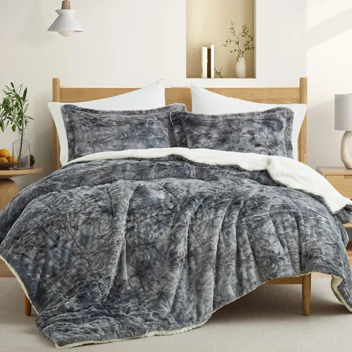 UNIKOME Juego de edredón Sherpa tamaño Queen de 3 piezas, juego de edredón de forro polar suave, juego de cama de invierno de felpa esponjosa y