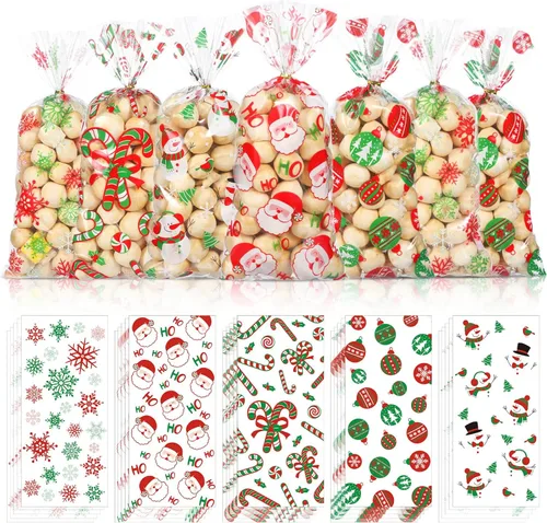 Pasimy 100 Piezas Bolsas de Celofán Navideñas para Dulces con Lazos Bolsa de Regalo de Plástico Transparente a Granel Bolsas de Celofán Navideñas